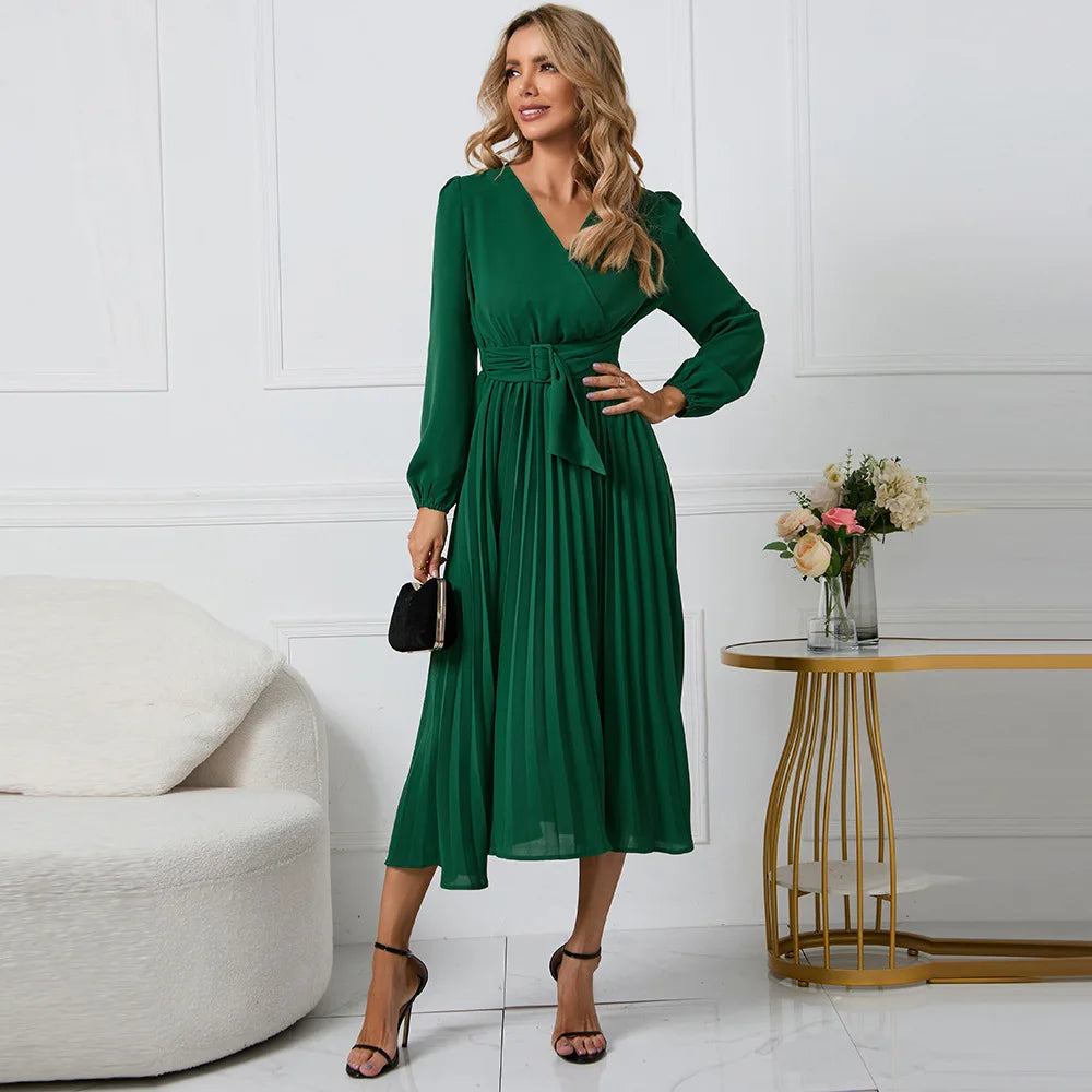 Elegant Women's Green Chiffon Autumn/Winter Long Sleeve Slim Fit Pleated Dress Fashion Women's V-neck Belt Party Dresses S-2XL