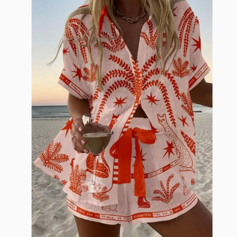 Fashion Print Beach Holiday 2 Piece Set Women Summer Short Sleeve Shirt Top Wide Legs Shorts Women's Oversize Two Piece Outfit