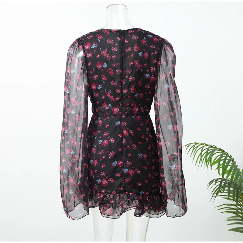 Elegant Ruffle Print Slim Short Dress Women Chic Patchwork Flared sleeves V-neck Pleated Dresses 2026 Lady Summer Casual Vestido