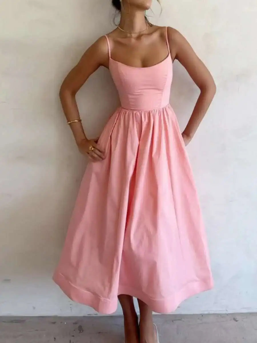 Summer Fashion Casual Sexy Big Skirt Pure Color Strapless Dress Women's mid Waist A-Line Skirt Polyester Fabric No Sleeve