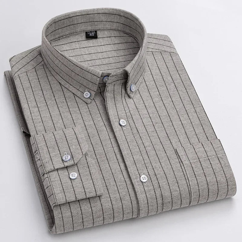 New in ShirtPlus Size 7XL 100% Cotton Sanding Long-Sleeve Shirts for Men Slim Fit Plain Shirt Striped Plaid Single Pocket Clothe