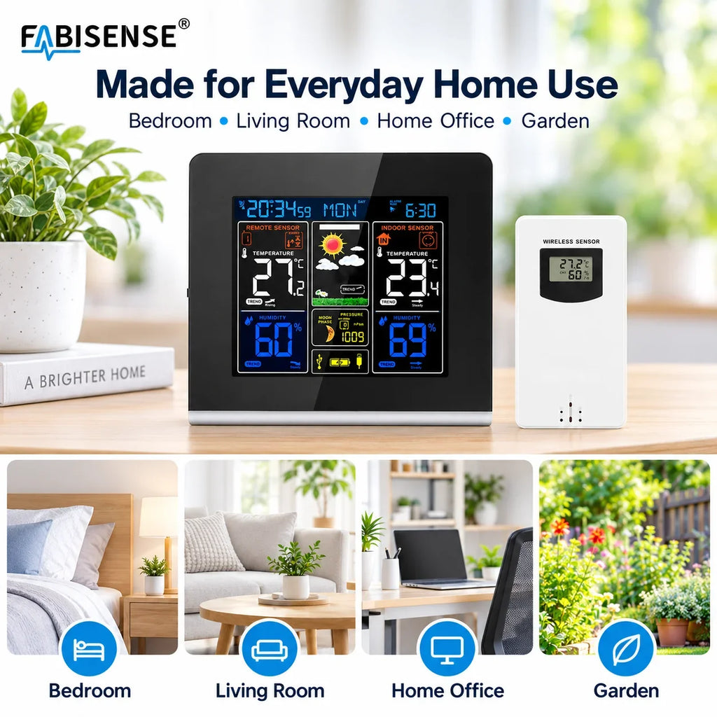 FABISENSE Wireless Weather Station with Indoor Outdoor Sensor Thermometer Hygrometer, Forecast Barometer Moon Phase, USB Powered