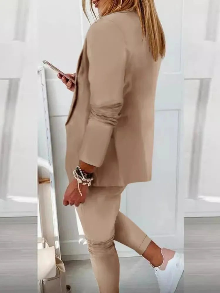 2024 Women's Two Piece Pant Suit Set Outfits Spring Autumn Turn Down Print Blazer Coat Drawstring Pants Suit Women Casual Sets