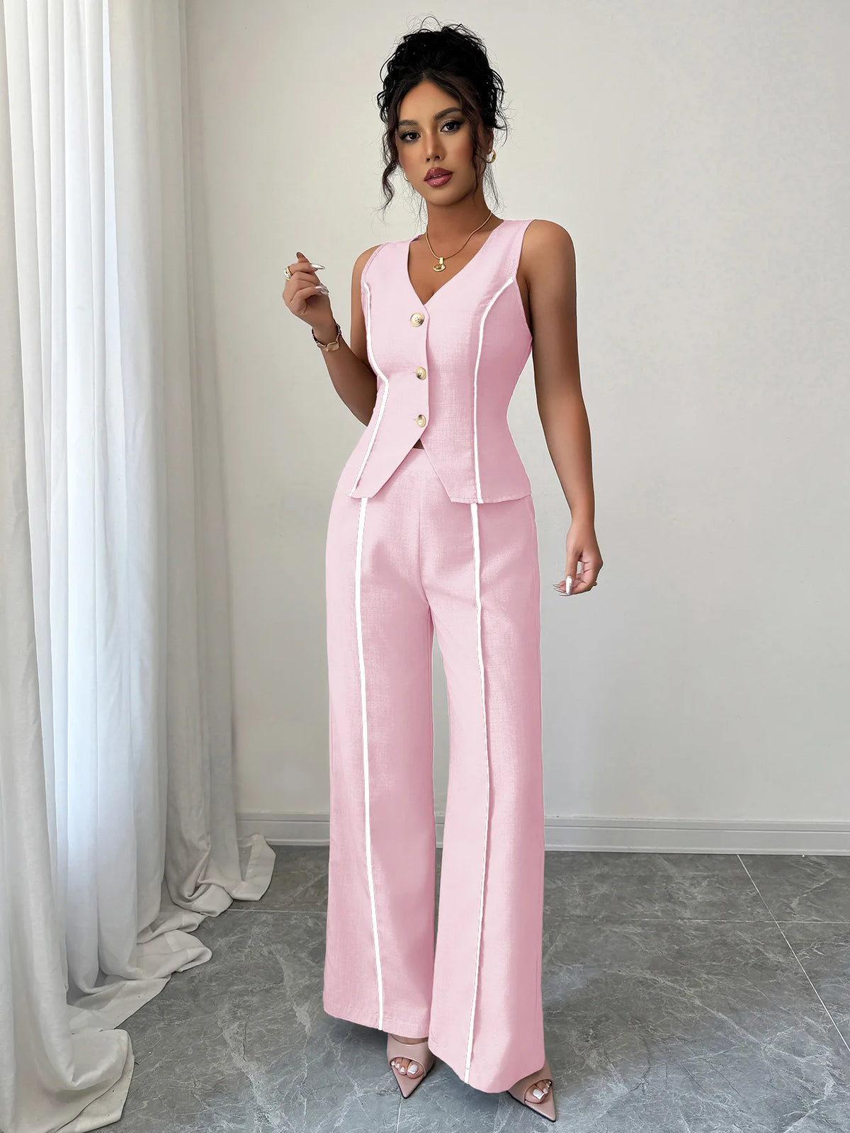 Elegant V-neck High-waisted Color-block Sleeveless Women's Suit For Spring/summer 2026 Dress Elegant Lace Maxi Beach