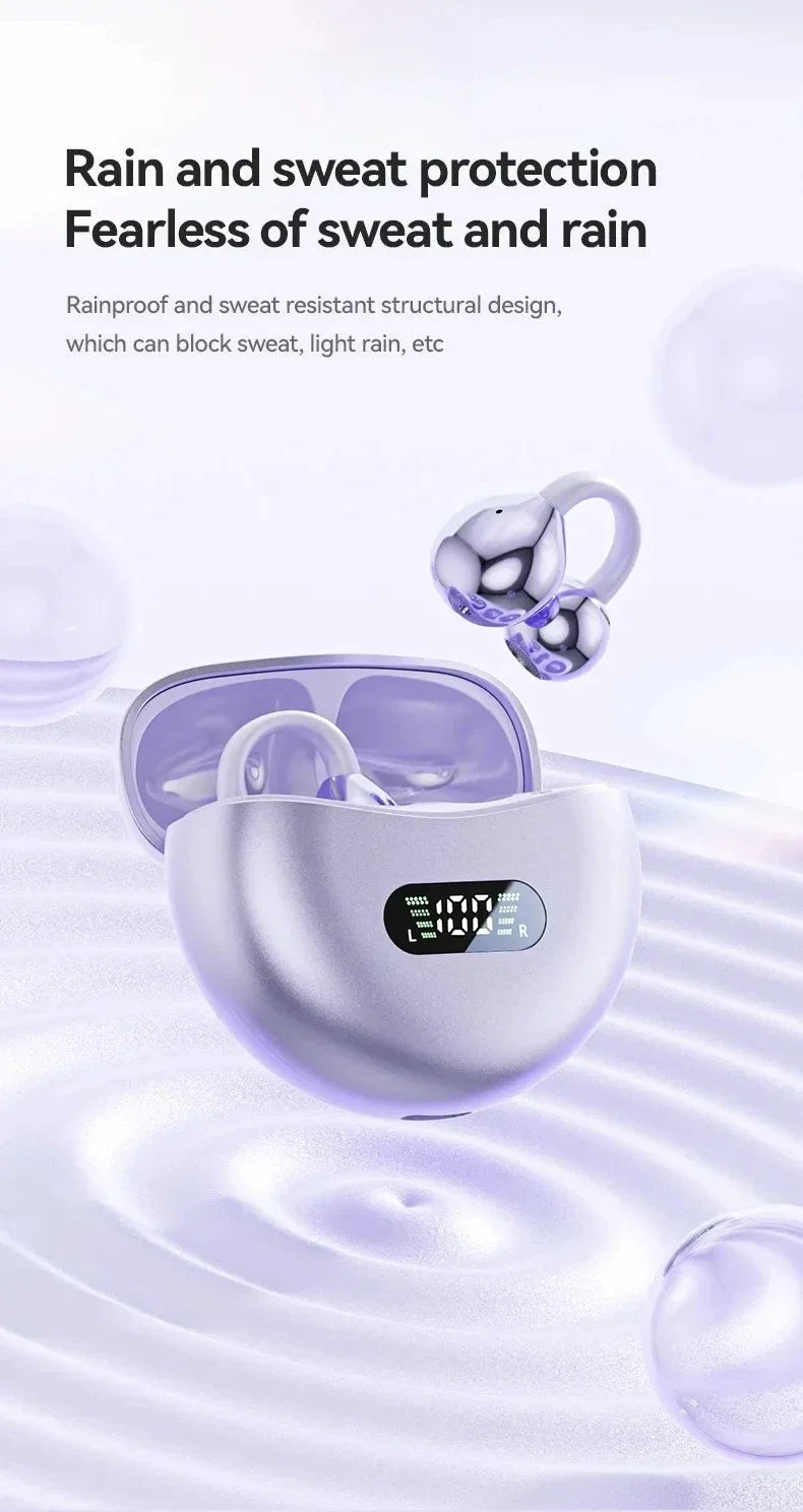 Digital Display Ear Clip Headphones Wireless Bone Conduction Bluetooth 5.4 Earbuds Comfortable Waterproof Sport Headsets