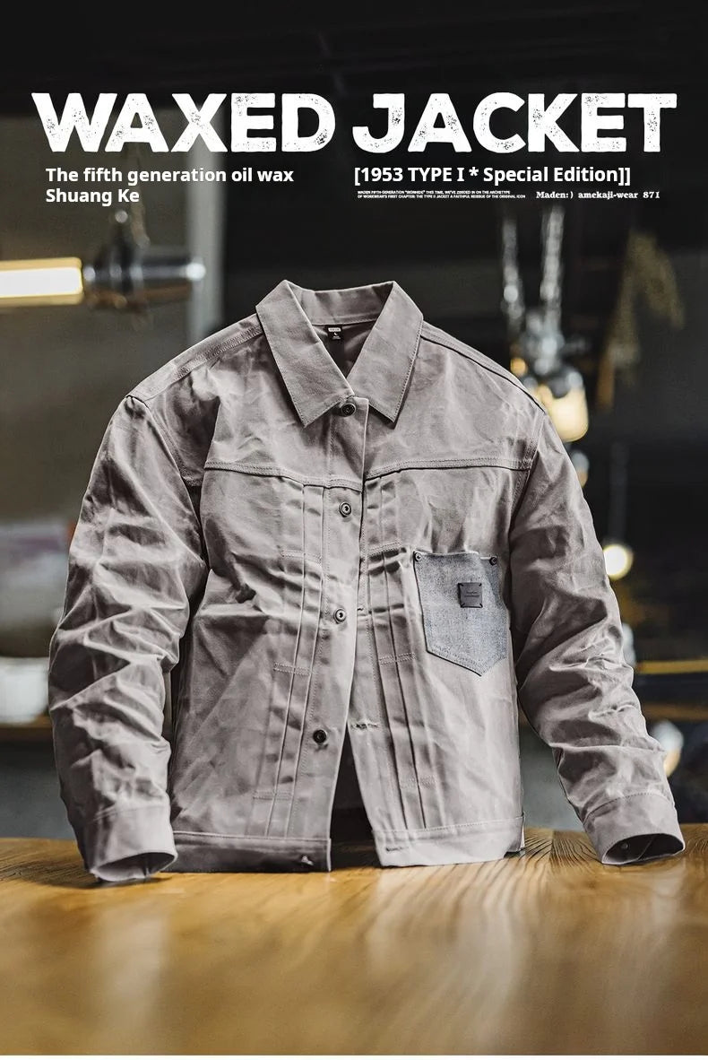 Maden Men's Vintage Oil Waxed Jacket V Waterproof Hunting Coat Double Pleats Grey Canvas Outwear with Patch Pockets for Autumn