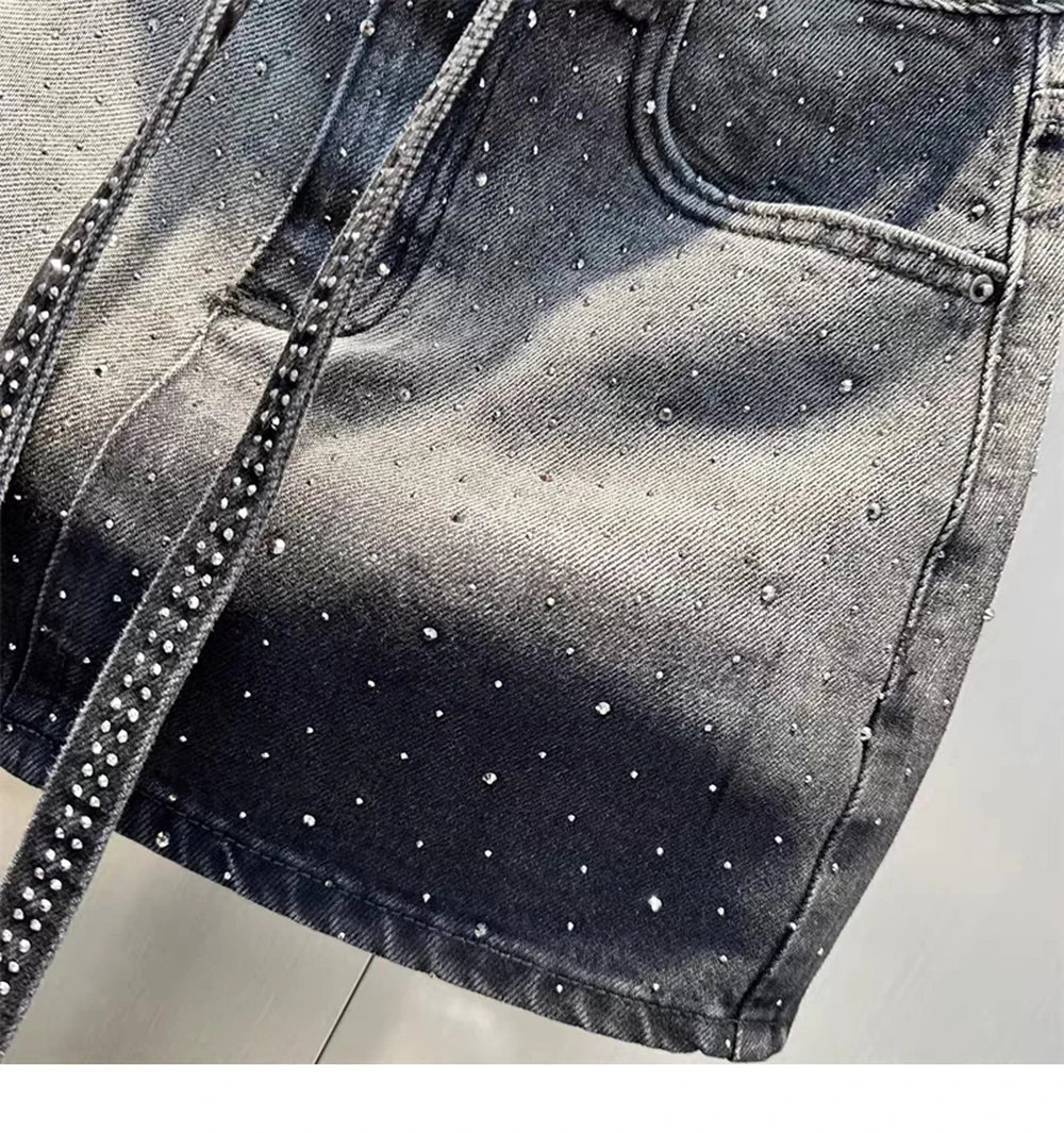Oversize Retro Diamond Denim Mini Skirt for Women Summer High Waist Shiny Rivet Slim Skirts Gradient Black Grey Jean Skirts