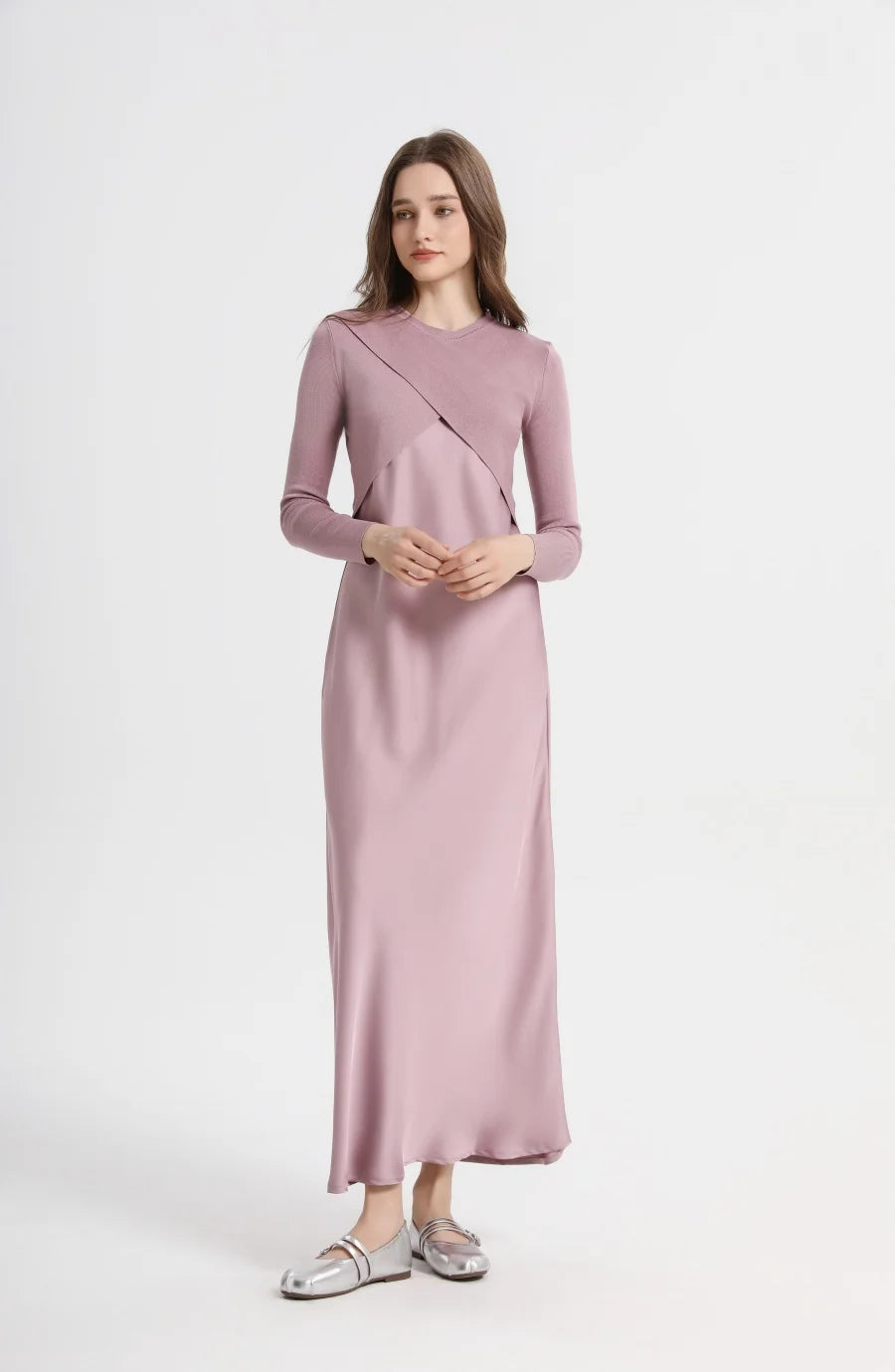 AS 2025 spring summer elegance satin dress + knitted top match set maxi floor length woman clothes