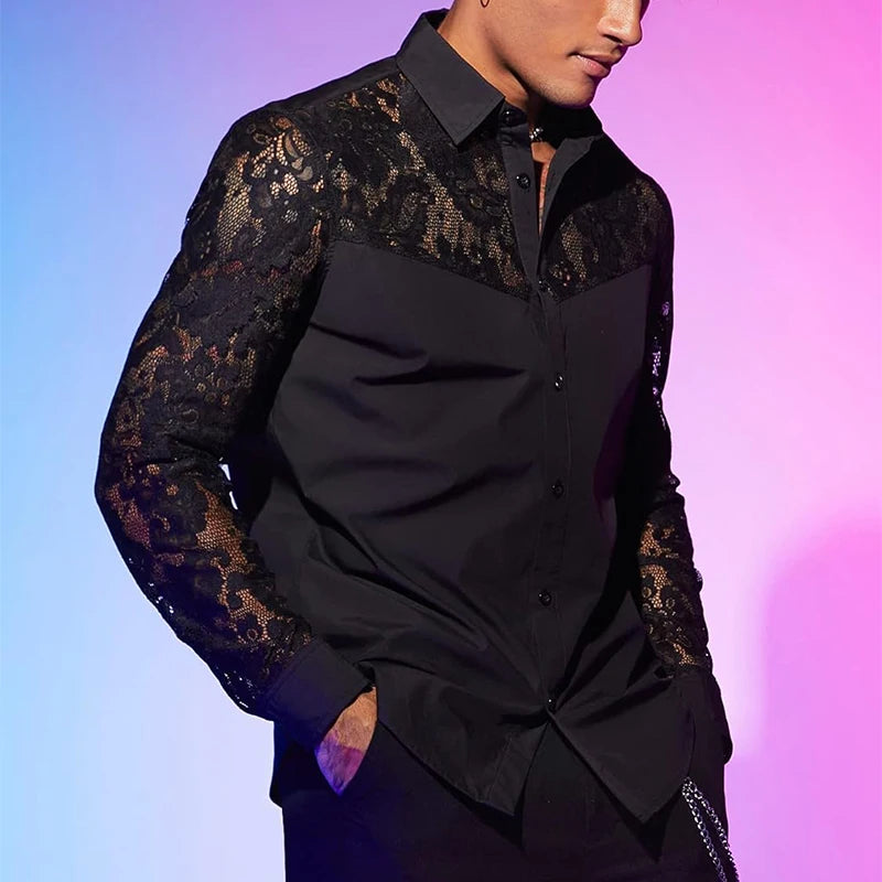 Sexy See Through Mesh Shirts Mens Long Sleeve Embroidery Mesh Lace Shirt For Men Spring Autumn Fashion Buttoned Lapel Cardigans