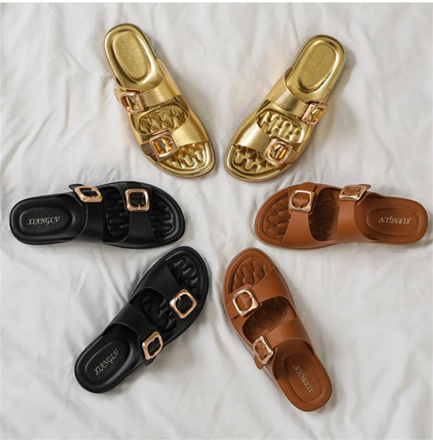 Casual Slippers Women PU Leather Open Toe Double Buckle Flat Summer Outdoors Non-Slip Soft Soles Slip On Beach Footwear Slippers