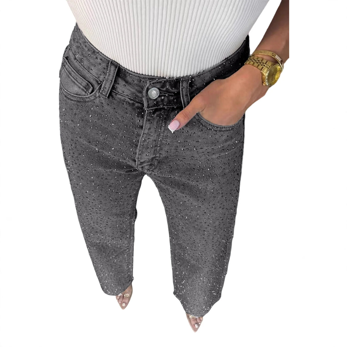Women's Outfit Featuring Diamond-studded Washed Denim Pants Women's High-waisted Straight-leg Pants, and "hot Girl" Style Pants.
