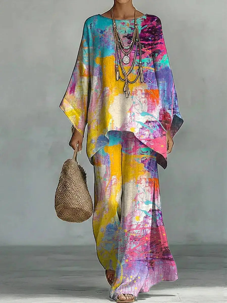 Bohemian Foreign Style Printed Women's Two-piece Set Spring Fashion O-neck Loose Top+wide Leg Pants Suit Ladies Office Outfit