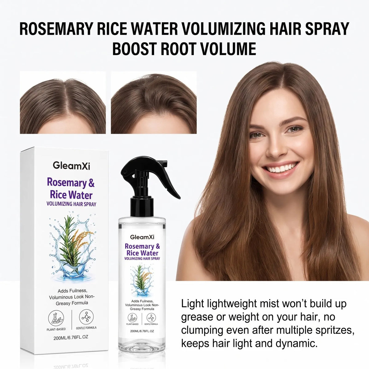 Rosemary Rice Water Volumizing Hair Spray Lightweight Non Greasy Root Boost Smooth Frizzy Hair Natural Looking Volume 200ml