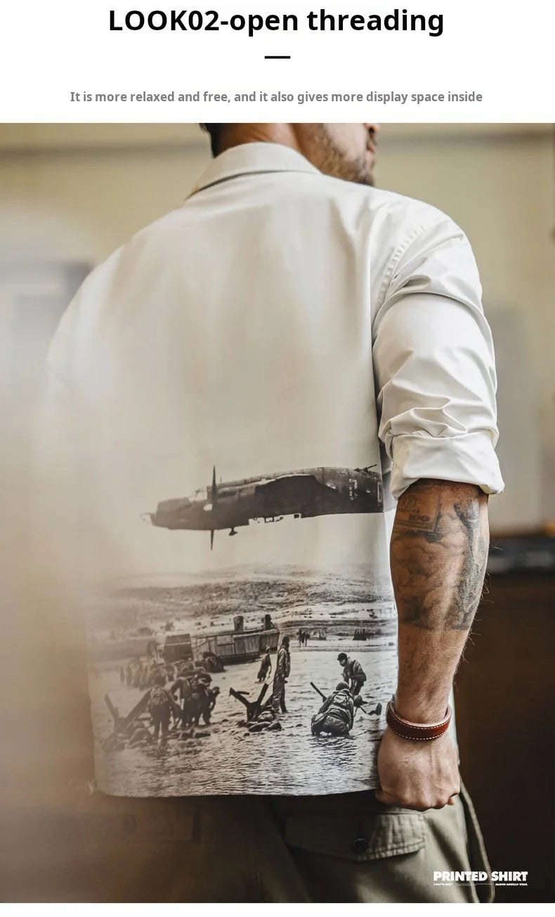 Maden Men's Vintage Printed Long Sleeve Shirt White Cuban Collar Single Breasted Blouse Loose Fit Shirt for Spring and Fall Tops