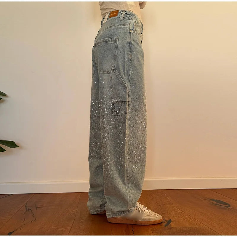 Rhinestone Wide Leg Lady Jeans Diamonds Denim Straigt High Waist Zipper Female Pants 2025 Fashion Pockets Street Lady Trouser