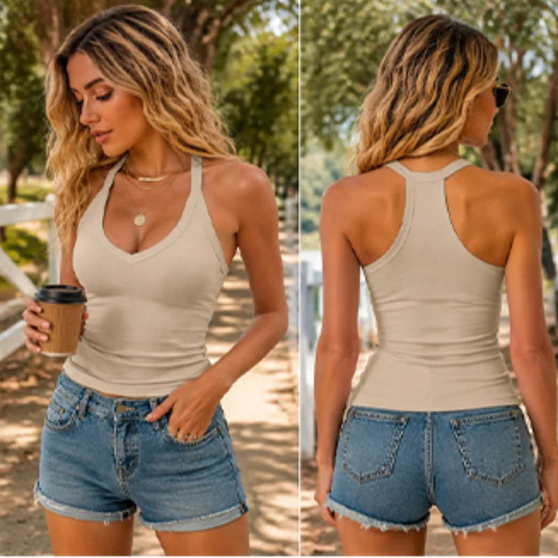 Lady Sexy V-neck Camisole Halter Top With Built In Bra Tank Tops Casual Summer Cotton Padded Sport Vest Breathable Hot Girl Vest