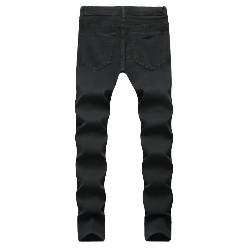 Skinny Stretch Ripped Jeans Men's Distressed Kpop Slim Fit Denim Pants American Street Style Rock Hip Hop White Black Trousers