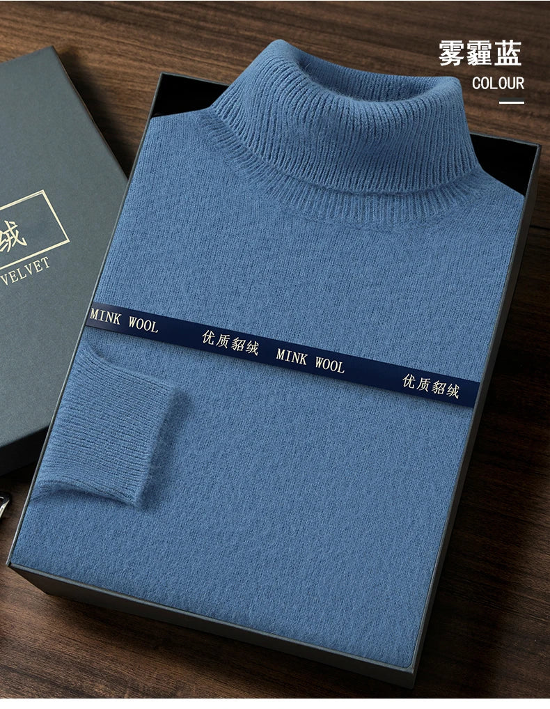 2024 Autumn Winter New Men's Casual High Collar Mink Cashmere Sweater Versatile Loose Pullover Knitted Sweater Warm Base Sweater