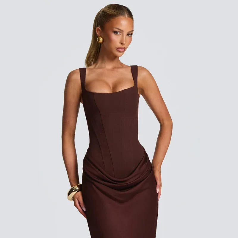 Ruched Waist Satin Long Dress Solid Bodycon Sleeveless Cowl Neck Fishtail Women Dresses 2026 Summer Lady Formal Evening Gowns