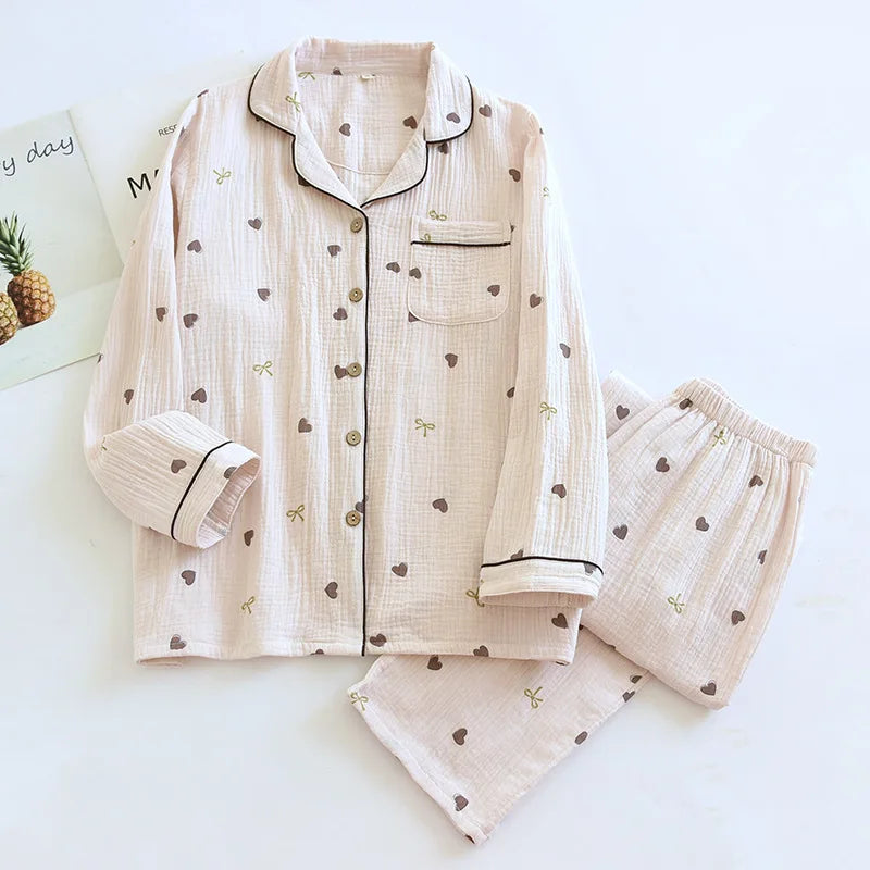 New large size pajamas women cotton crepe home service cotton long sleeve trousers suit simple and comfortable summer and autumn