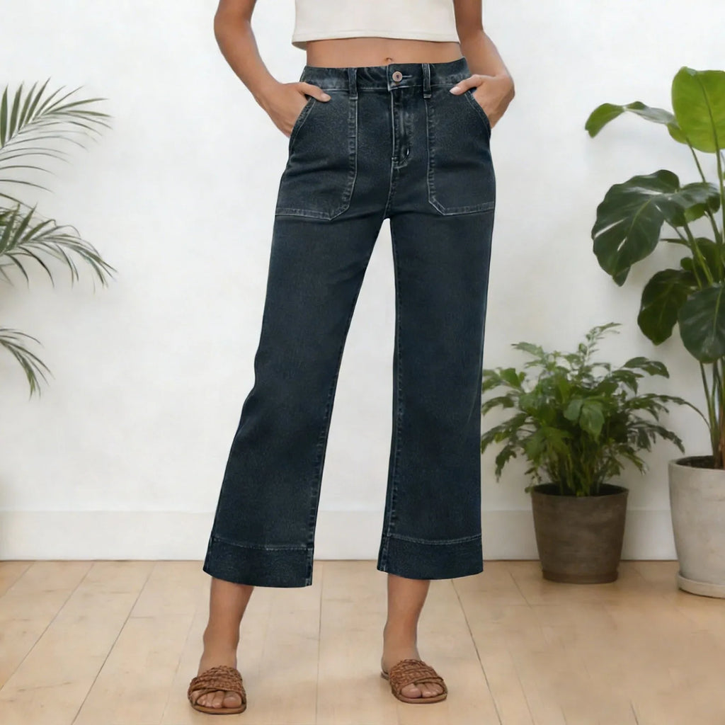 Wide Leg Jeans With Front Pockets For Women Cropped Micro Cut Pants High Waisted Patch Pocket Straight Leg Jeans Summer Pants