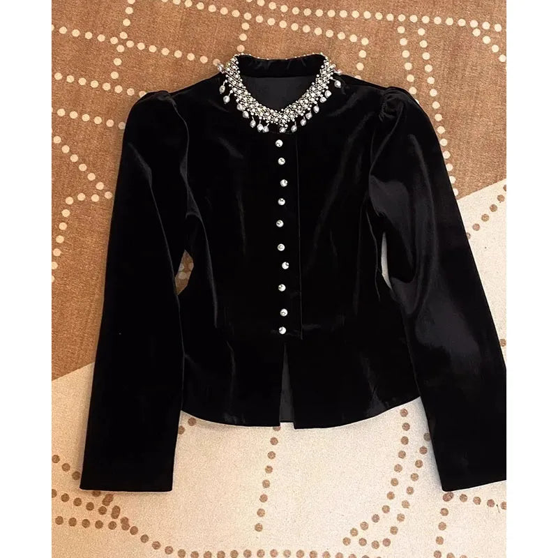 Women's Golden Velvet Blouse 2025 Autumn Winter Solid Color Heavy Industry Ladies Tops Fashion Long Sleeve Lady Slim Shirt