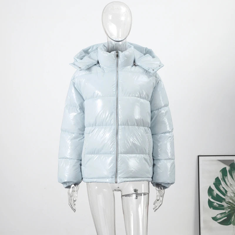 High Street Women's Glossy Zipper Hooded Coats Warm Elastic Waist Pleated Short Cotton Female Jacket 2026 Winter New Lady Outfit