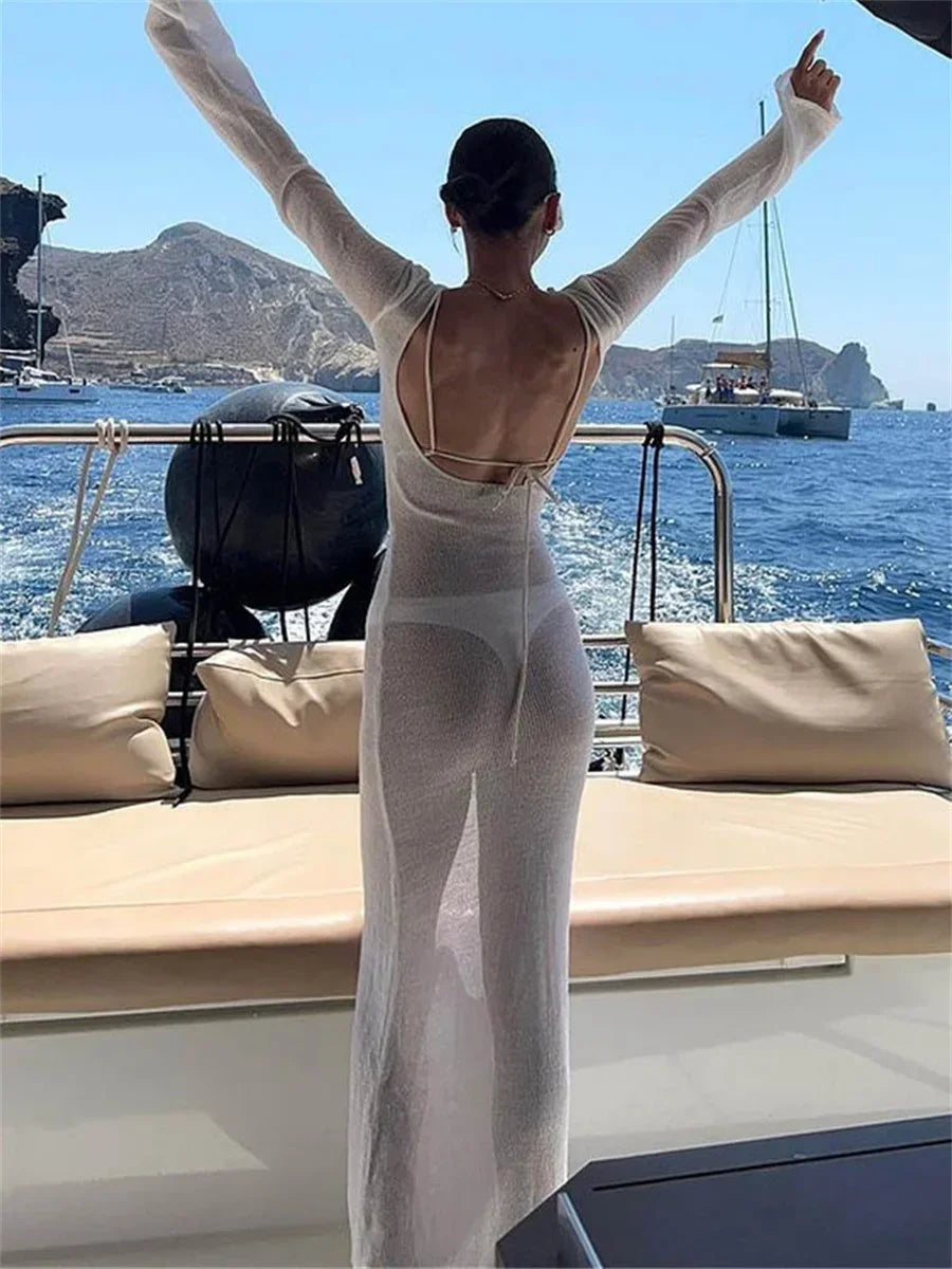 Women Summer Mesh Wrapped Dress Long Sleeve Round Neck See Through Sunscreen Solid Color Backless Beach Long Dress