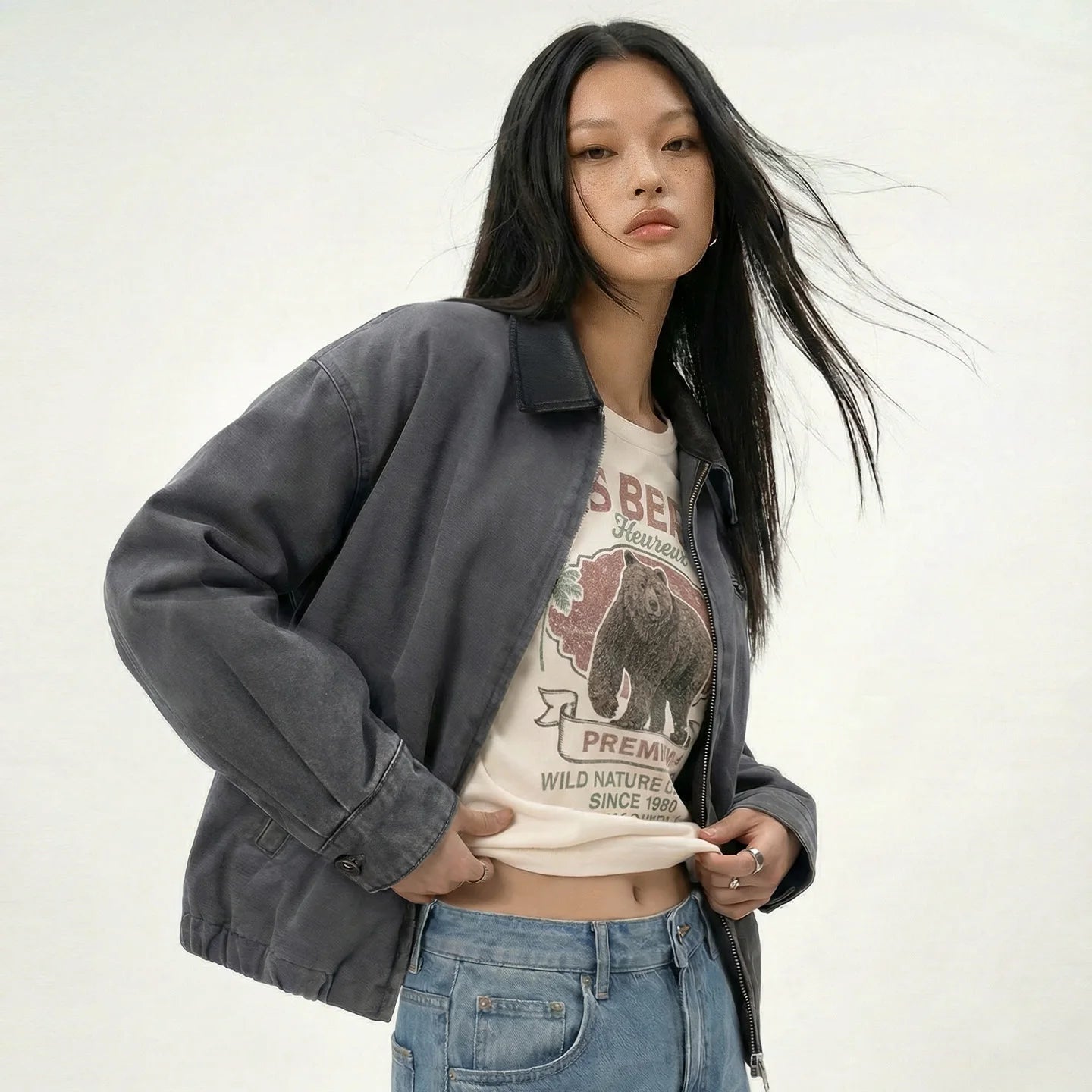Maden Women’s Cotton Grey Detroit Jacket with Faux Leather Collar Short Solid Loose Zip Coat Spring Fall Casual Femal Outerwear