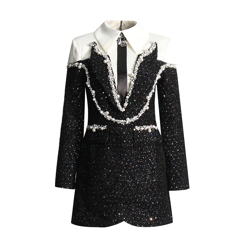 2025 Dress Women Female Clothing Fashion Summer New Sequined Contrast Color Heavy Beading Slim Fit Long Sleeve A-line Dress
