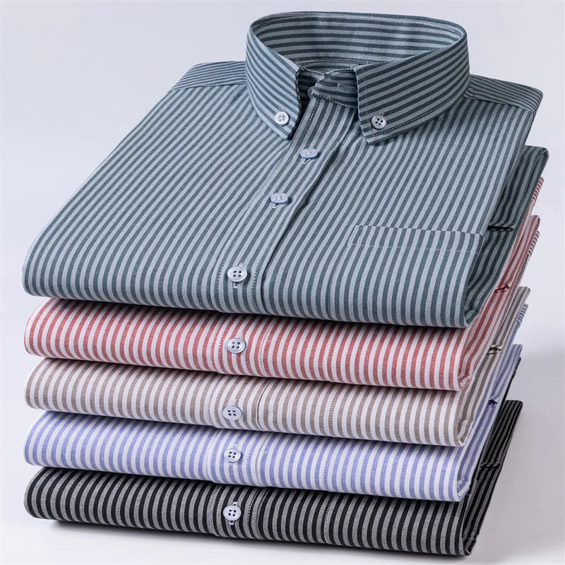 New Cotton Oxford Men's Shirts Long Sleeves Stripe Thin Soft Regular Fit Formal Dress Shirt Pocket Social Blouse Male Clothes