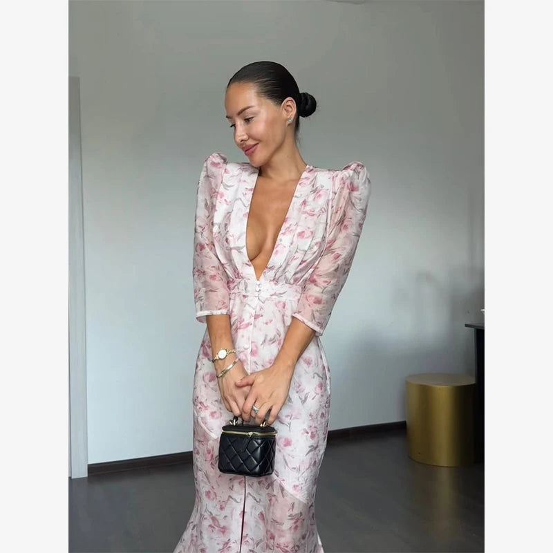 Women Floral Print Short Sleeve Maxi Dress Fashion V-neck Ruffle Trim Belted Slit Hem Dresses Casual Lady Daily Vacation Gowns