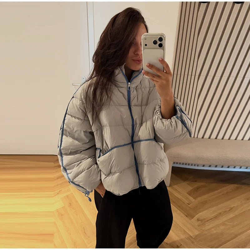 Casual Women's Waist Cinched Padded Cotton Coats Stand Collar Zipper Full Sleeve Coat 2026 Autumn Winter Lady Down Jacket New