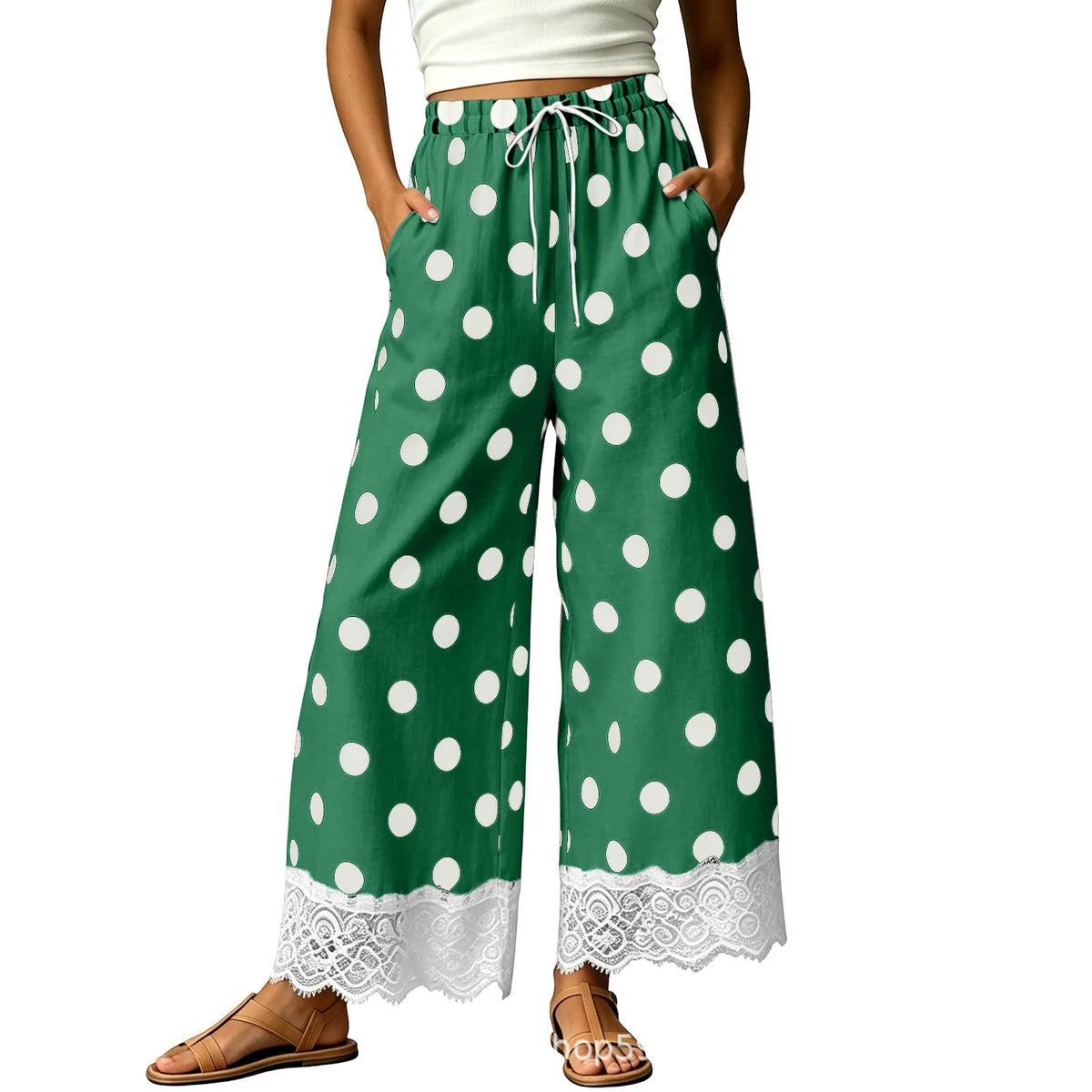 Ladies' Casual Wide Leg Pants, Thin and Sweet, Nine PointWide LegPants, Loose ElasticWaisted Lace Pants, Women's Polka Dot Cheap