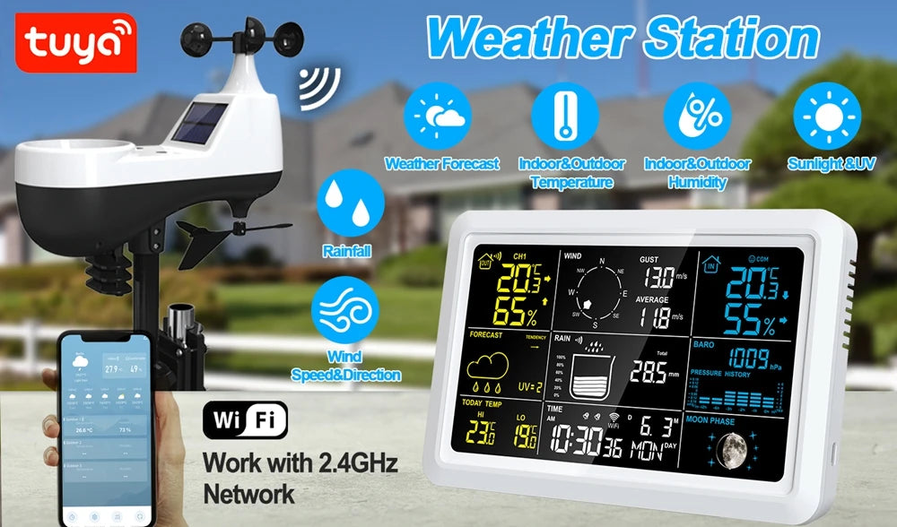 Tuya Wireless Weather Station Auto Alarm Clock Calendar Thermo-Hygrometer UV Wind Rainfall Gauge Solar Panel Forecast Sensor
