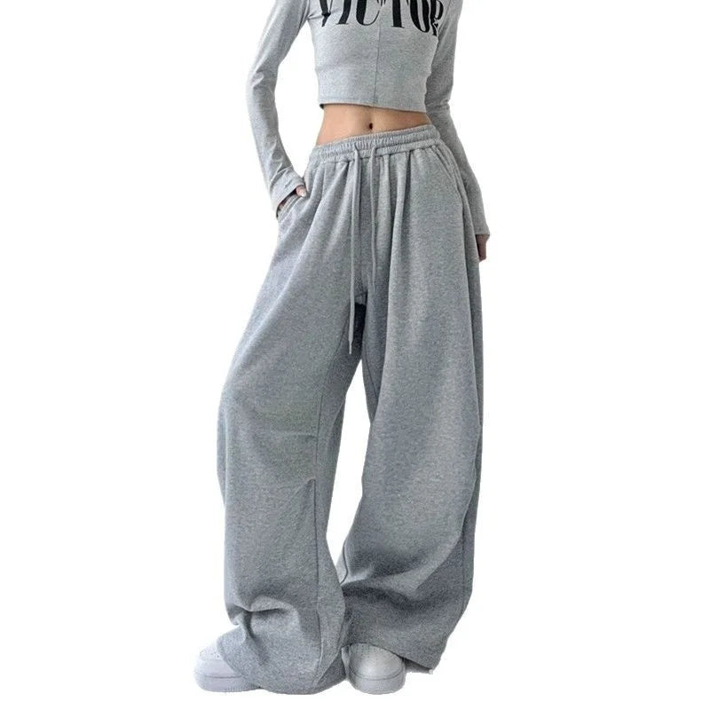 Women's Drawstring Wide Leg Sweatpants Elastic Loose Straight Leg Casual Jogger Trousers with Pockets for Daily Streetwear Pants