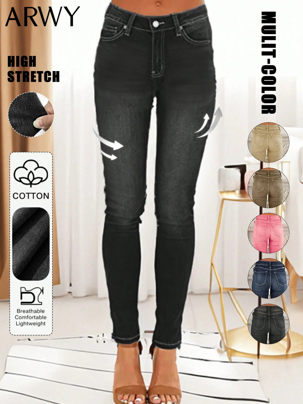 Women's Fashionable Elegant Casual Versatile Washed Cat's Whisker Pattern Skinny Fit Denim Jeans for Daily Wear