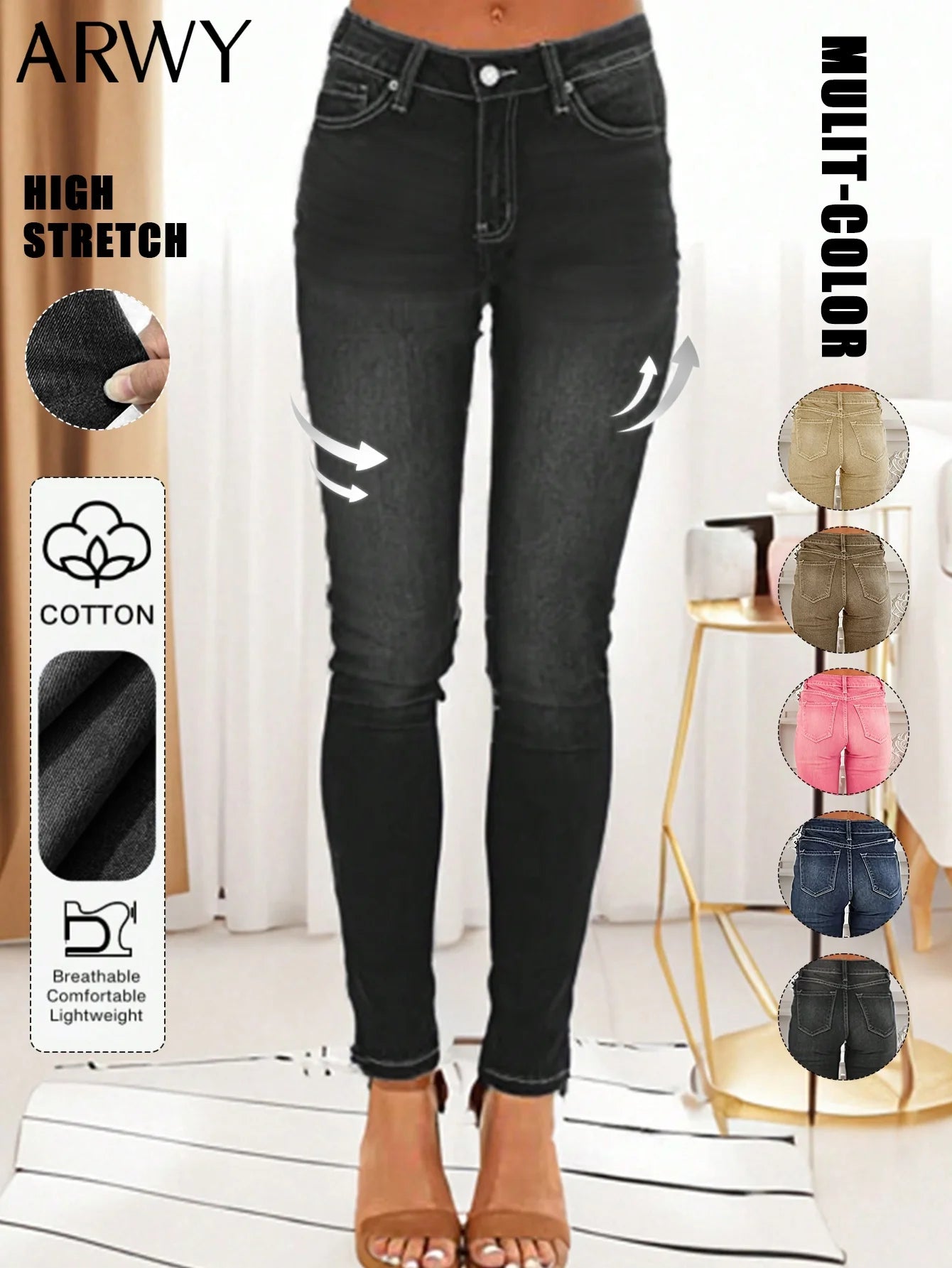 Women's Fashionable Elegant Casual Versatile Washed Cat's Whisker Pattern Skinny Fit Denim Jeans for Daily Wear