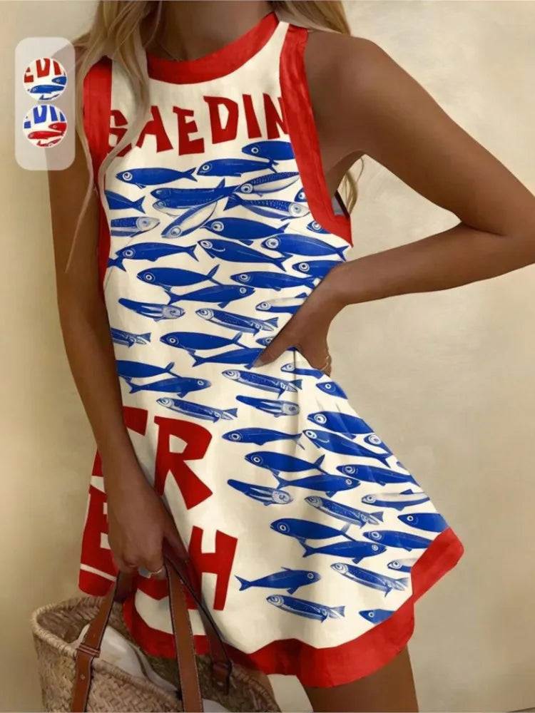 Summer Casual Printed Dress For Women's Sleeveless Round Neck Fashion Dresses Beach Holiday Sundress Party  Vestidos Para Mujer