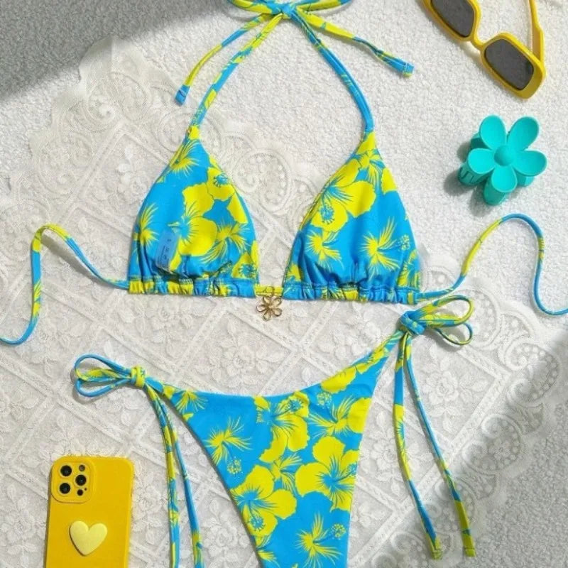 Bikini Women's Summer Slimming Concealing Casual Floral Durable High Elasticity Vacation Style Swimming Sports Split Swimsuit