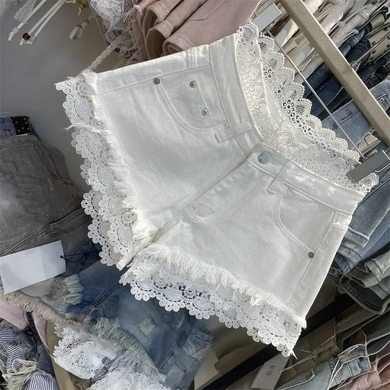 Light Blue Denim Shorts For Women High Waisted Raw Hem Lace Patchwork Petite Shorts Summer Casual Slim Fit Hot Pants