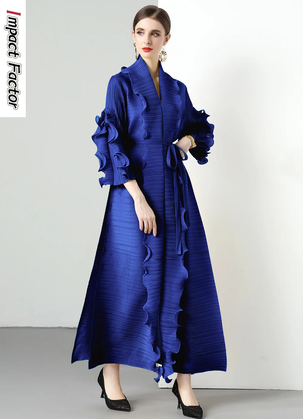 2024 Miyake Ruffled Early Spring and Autumn New Long Sleeve Ruffled High Elastic Dress V-neck Long Sleeve Women's Dress