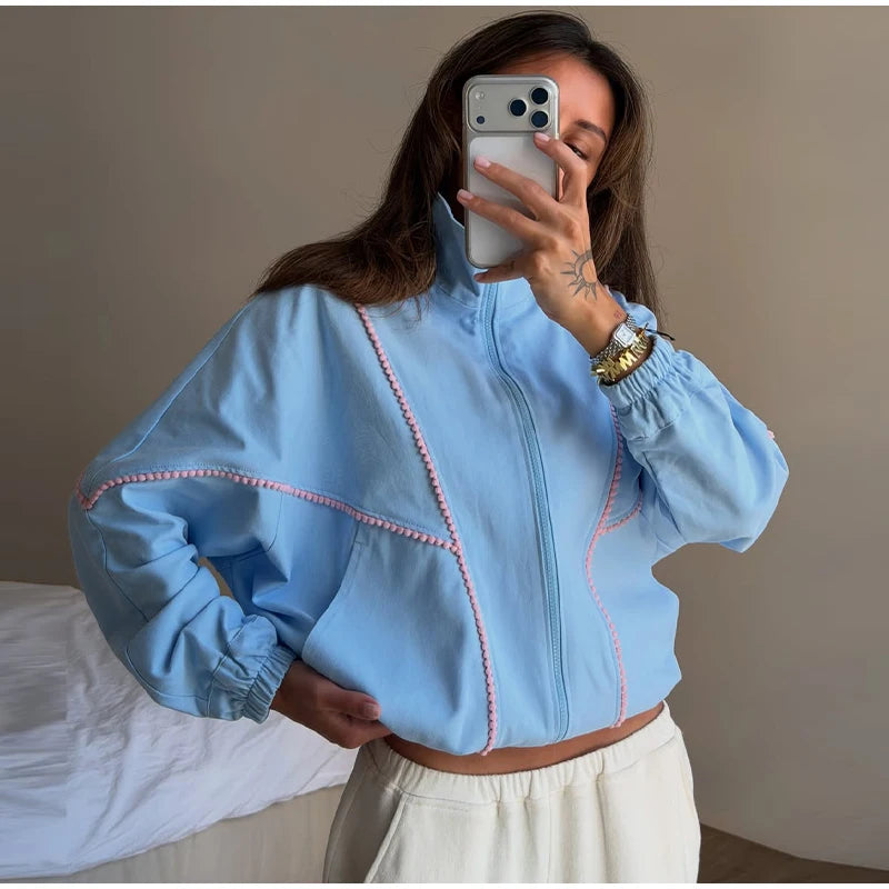 Polka Dot Cropped Windbreaker Jacket, Contrast Pink Seam Piping Side Pockets Loose Outerwear 2026 Autumn Street Daily Lady Coat