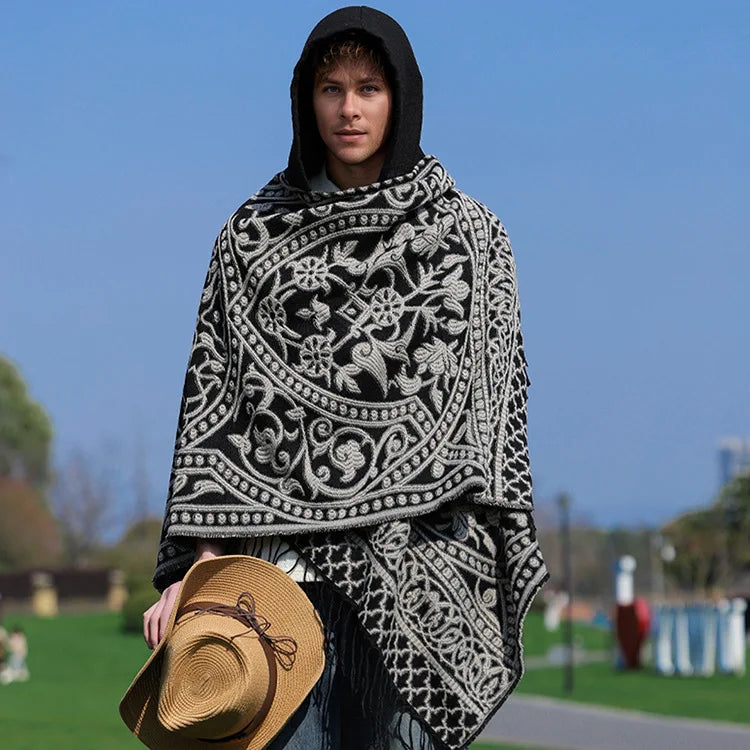 2025 New Men's Imitation Wool Cape Shawl Cross-border Hot Selling Hooded Woven Slit Cape Autumn and Winter Poncho Cloak P8