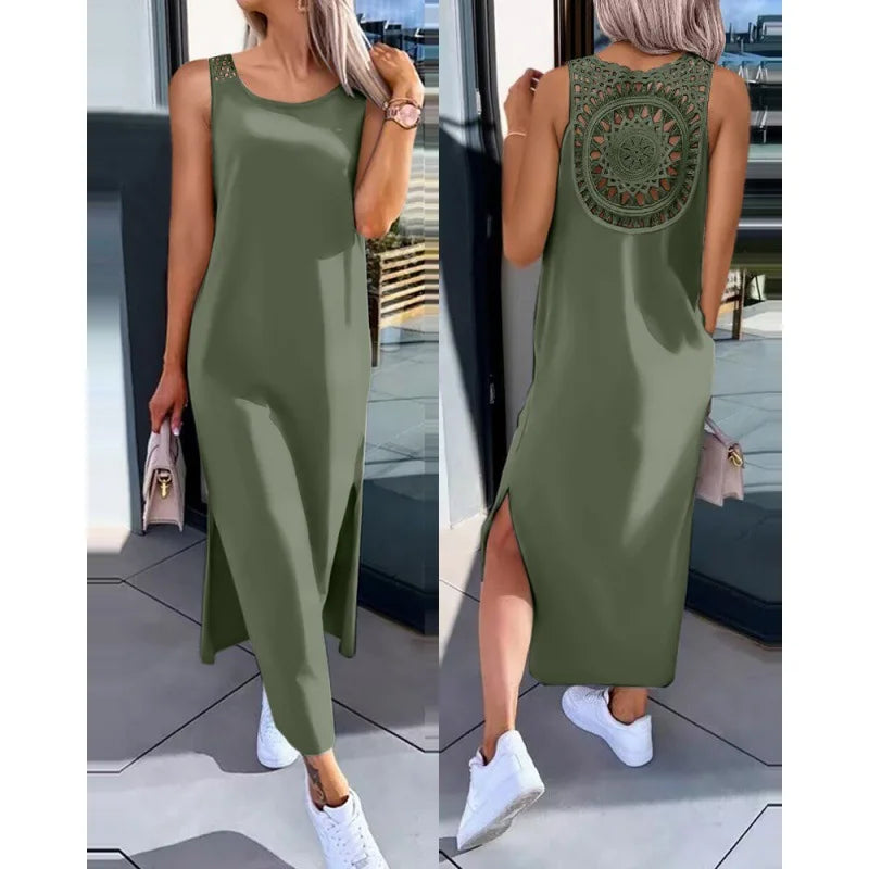 Summer Casual Temperament Fashionable Slim Fit Solid Color Round Neck A-line Skirt Lace Lace Lace Back Sleeveless Slit Dress
