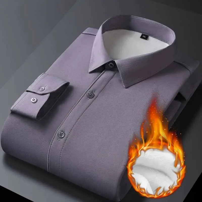 Men's Business Formal Lapel Shirts Autumn and Winter Thickened Warm Office Work Shirt Men Solid Color Casual Long Sleeve Tops