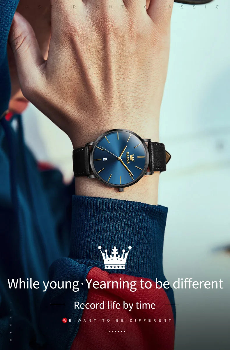 OLEVS 5869 Ultra Thin 6.5mm Quartz Watch for Men Fashion Leather Strap Simple Luxury Auto Date Clock Men's Wristwatch Waterproof