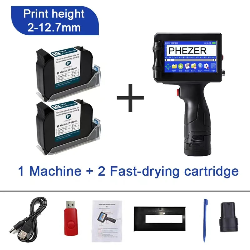 Phezer P15 Handheld Inkjet Printer 12.7mm QR Code Barcode Batch Code Date Number Logo Expiry Date Label Printer 28 Languages