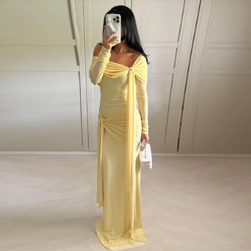 Yellow Pleated Off-shoulder Ribbon Dress Women's Sexy Lace Up Full Sleeve Bodycon Dresses 2025 Autumn New Elegant Party Vestidos