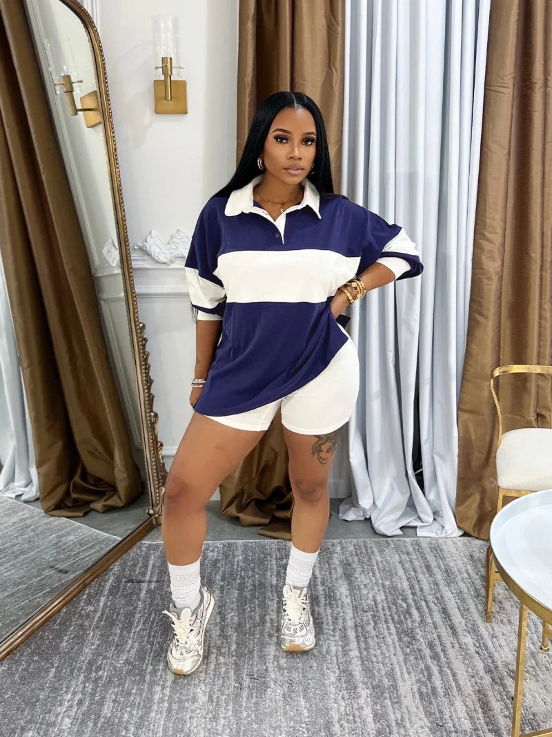 Streetwear Colorblock 2 Piece Sets Women Outfit Summer Clothing Women Full Sleeve Polo-T-Shirt Top Shorts Sets Sporty Tracksuits